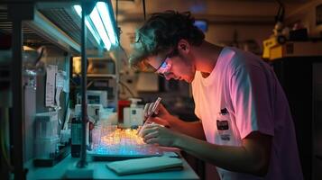 Young scientist conducts experiments in a dimly lit laboratory during late hours photo