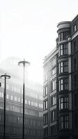 Urban buildings enveloped in mist create a mysterious atmosphere in a city setting during early morning hours photo