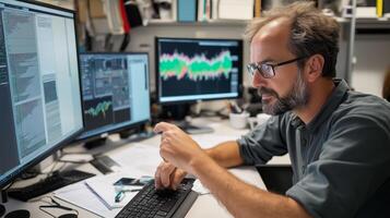 Professional man analyzing data output on multiple computer screens in a modern office environment photo