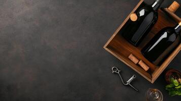 Enjoying a wine tasting experience with bottles, corks, and tools on a dark surface photo