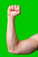 Strong arm raised in a fist gesture against a bright green background photo
