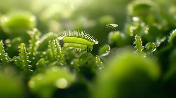 Green carnivorous plant capturing prey in a natural habitat during daylight hours photo