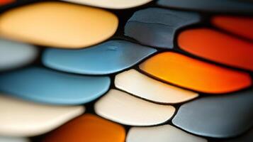 Colorful stained glass design reflecting light in an artistic pattern revealing intricate shapes and hues photo