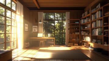 Cozy wooden study with a view of nature, ideal for reading and reflection in a serene atmosphere photo