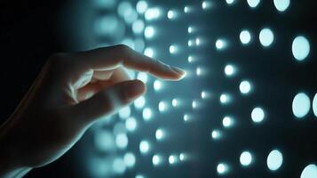 Digital interaction with illuminated light patterns in a dark environment during an immersive technological experience photo