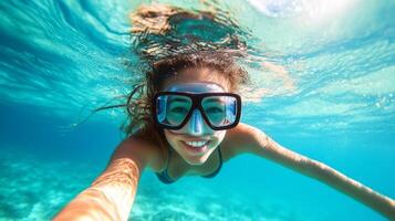 Smiling girl enjoying snorkeling in clear turquoise water while exploring coral reefs photo