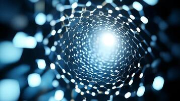 Exploring a vibrant tunnel formed by interconnected hexagonal shapes emitting bright light photo