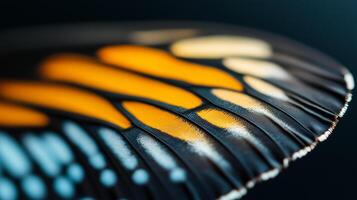 Detailed close-up of a butterfly wing showcasing vibrant colors and intricate patterns in natural light photo