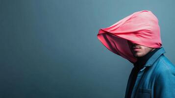 Unique expressive portrait of a person with a vibrant red cloth partially covering their head against a minimalistic backdrop photo