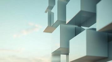 Modern architectural design featuring abstract geometric shapes under a clear blue sky with soft clouds photo
