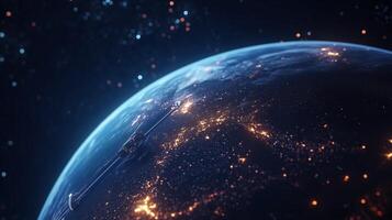 View of Earth from space at night showing city lights and satellite in orbit with stars scattered in the background photo