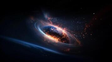 Cosmic event with a swirling galaxy illuminated by bright stars and fiery elements in a dark universe photo