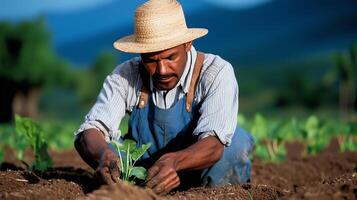Farmer planting seedlings in fertile soil during a sunny day in a lush agricultural field photo