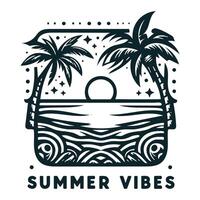 Summer vibes logo with palm trees and the ocean vector