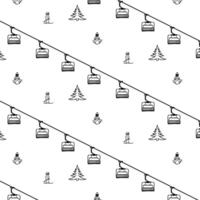 Ski Resort Seamless Pattern with Skiers and pine trees. Mountain lift skiing background winter resort with people. graphic line illustration vector