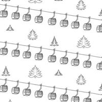 A scenic mountain backdrop featuring a cable car gliding through the peaks, offering a serene and adventurous view perfect for travel themes and outdoor designs. graphic line seamless pattern vector