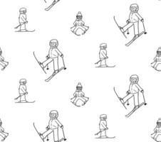 Seamless pattern with adults and children in winter snow suits skiing. Backdrop with graphic line ski riders. illustration for wallpaper. vector