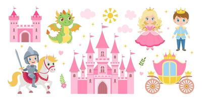 A castle with a dragon and a knight riding a horse. A princess and a prince are standing in front of the castle vector