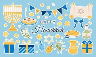A collection of images and text that celebrate Hanukkah. The images include a menorah, a box, a bottle, a bowl, a cup, a plate, a candle, and a tree vector