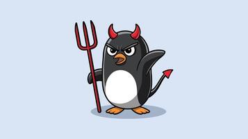 Angry Devil Penguin Fierce Cartoon with Trident, Horns, and Playful Attitude vector