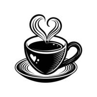 Steaming Coffee Cup with Heart-Shaped Steam - Black and White Illustration vector