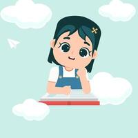 Cute Elementary school girl learning in the class learning with book, cloud ornament and paper plane vector