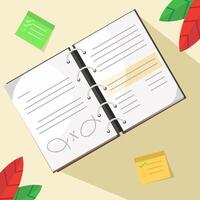 Flat illustration book with notes and leaf ornament vector