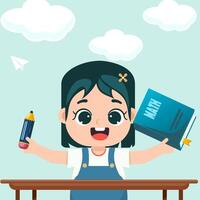 Cute Elementary school girl learning in the class with pencil and math book with class table vector