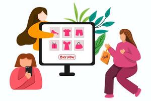Three exited young women shopping online with shopping list displayed on a computer screen for advertising template to celebrate new year. vector