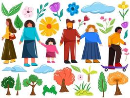 set of different people and family walking on the park with various natural object clip art isolated vector