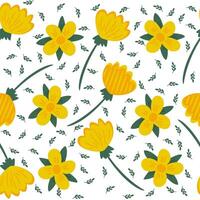 Seamless floral pattern. Yellow flowers and green leaves on the white background. Botany pattern. Daisy and tulip. vector