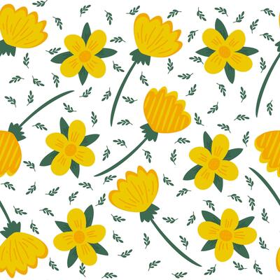 Seamless floral pattern. Yellow flowers and green leaves on the white background. Botany pattern. Daisy and tulip.