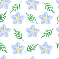 Seamless floral pattern. Blue forget-me-not flowers and green leaves on the white background. Botany pattern. vector