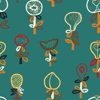 a pattern with flowers and leaves on a teal background vector