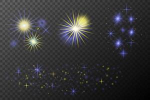 set of realistic glowing stars and fireworks on background vector