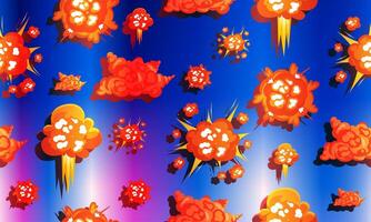 Cartoon explosions seamless pattern with smoke and burst effects on soft blue background. vector