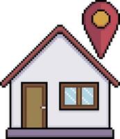 Pixel art of a house with GPS pin in 8-bit style on white background vector