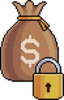 Pixel art of money bag with padlock icon in 8-bit style on white background vector