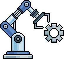 Pixel art of a robotic arm with gear in 8-bit style on white background vector
