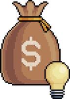 Pixel art of money bag with light bulb icon in 8-bit style on white background vector