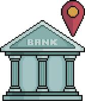 Pixel art of financial bank with GPS pin in 8-bit style vector