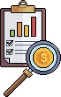 Pixel art of a clipboard with bar graph and a magnifying glass with a coin in 8-bit style vector