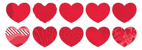Set of red hearts icons with various texture. Textile, grunge heart icons, heart with animal print and abstract pattern vector