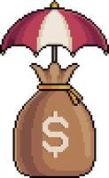 Pixel art of money bag with umbrella in 8-bit style on white background vector