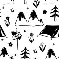 Camping and mountain hikking. Forest journey doodle seamless pattern. background vector