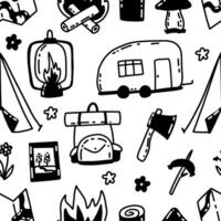 Camping and mountain hikking. Tent, bonfire, backpack. Forest journey doodle seamless pattern. background vector