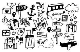 Plane journey collection. Trevel set with suitcase, map, photo, passport, camera, pointers. Hand drawn set vector