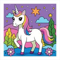 A cartoon unicorn standing in the field with flowers vector