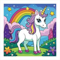 A cartoon unicorn in the field with flowers and a rainbow vector