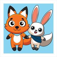 Fox and rabbit on blue background vector